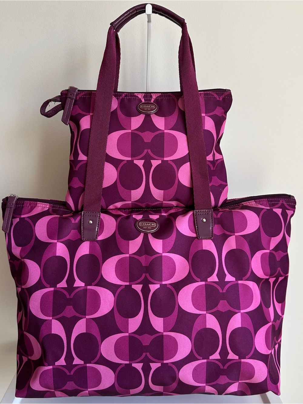 Coach Getaway Set Nylon Packable Weekender Tote Bag/Pouch Magenta Pink 77321